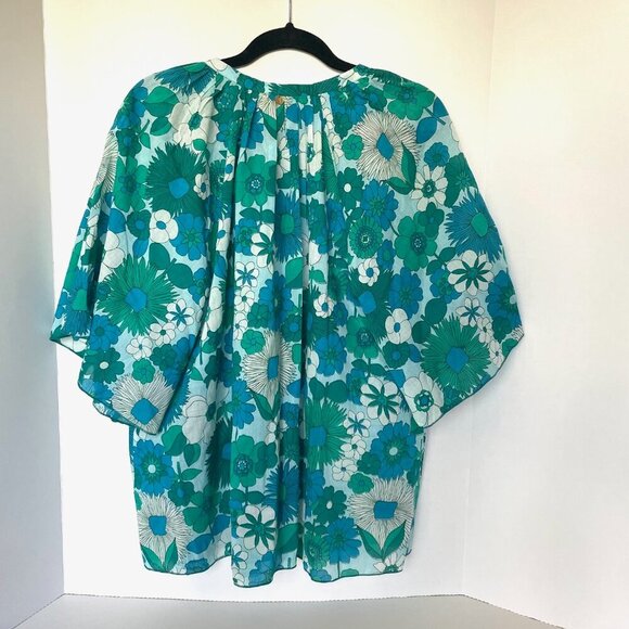 Antik Batik Cotton Voile Floral Blouse Womens Medium Blue Flutter Sleeve Tunic - Picture 4 of 11